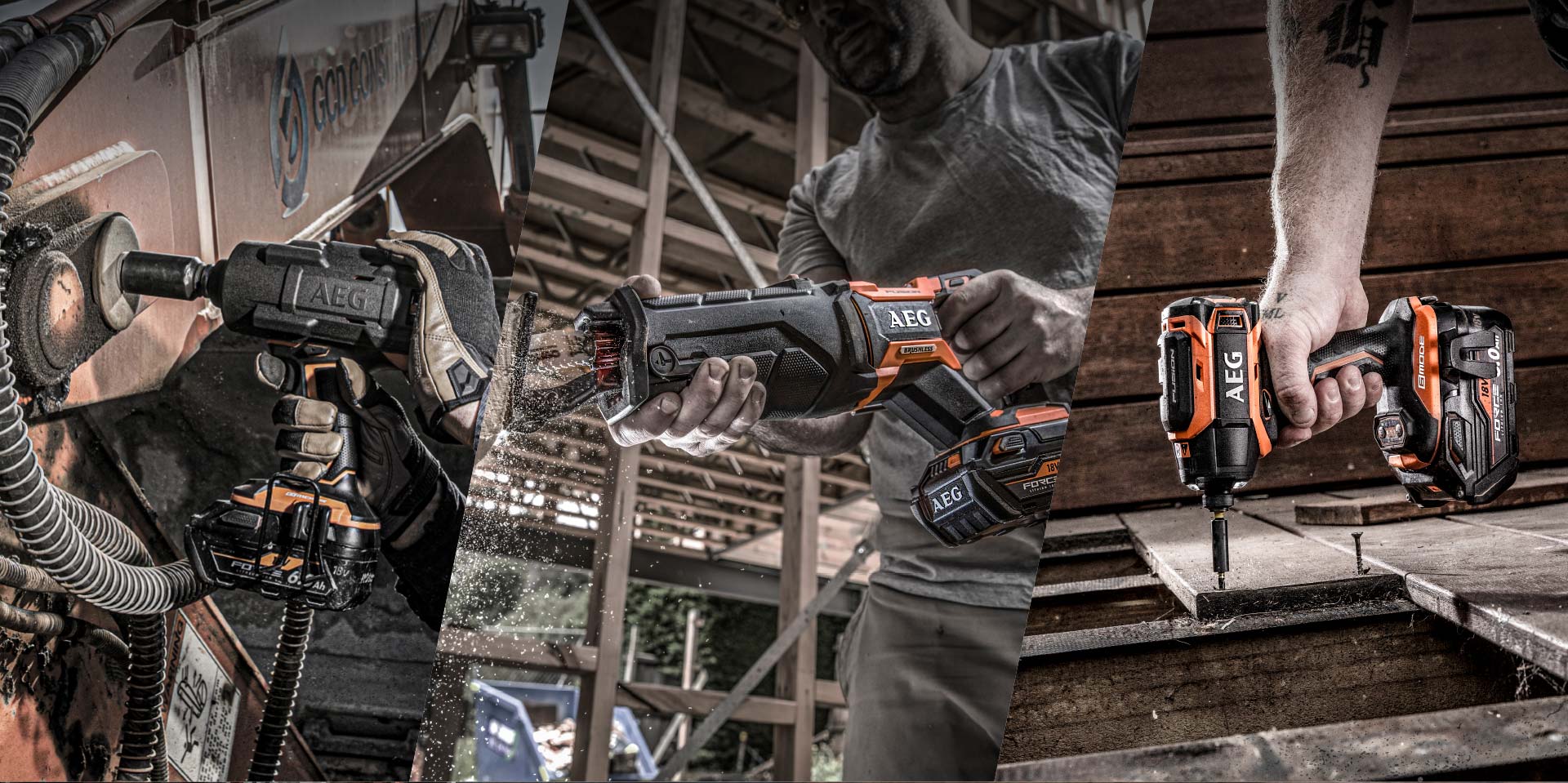 A composite image featuring three AEG tools in action. An AEG Impact Driver is used to tighten a nut, an AEG reciprocating saw is used to cut timber, and an AEG drill driver is used to secure floorboards.