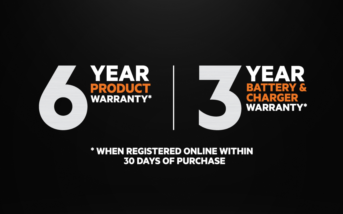 AEG 6 year product warranty, 3 year battery & charger warranty
